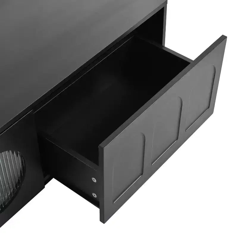 LED TV-Ständer mit Glastüren für 95-Zoll-Fernseher, Medienkonsole aus Holz mit gewölbten Schranktüren und APP-Steuerung für Wohnzimmer