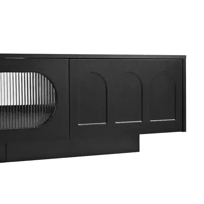LED TV-Ständer mit Glastüren für 95-Zoll-Fernseher, Medienkonsole aus Holz mit gewölbten Schranktüren und APP-Steuerung für Wohnzimmer
