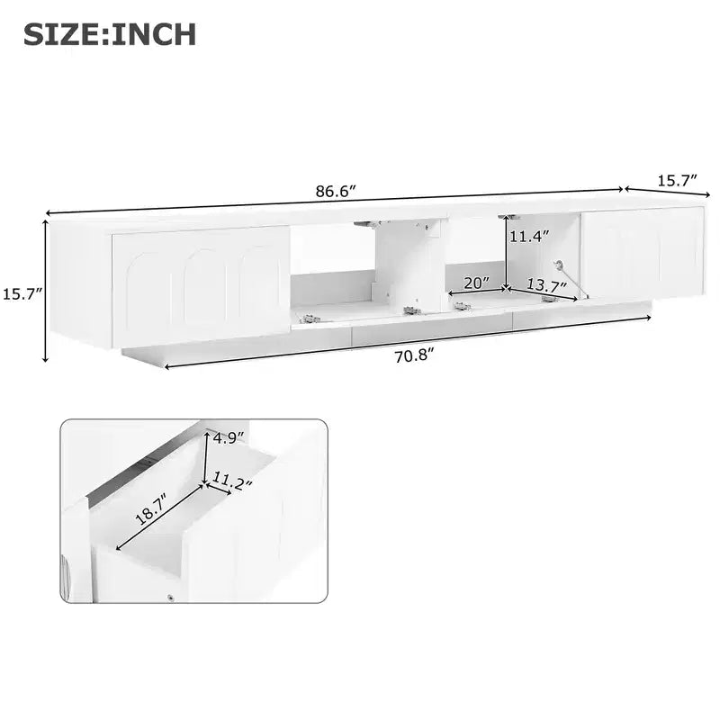 LED TV-Ständer mit Glastüren für 95-Zoll-Fernseher, Medienkonsole aus Holz mit gewölbten Schranktüren und APP-Steuerung für Wohnzimmer