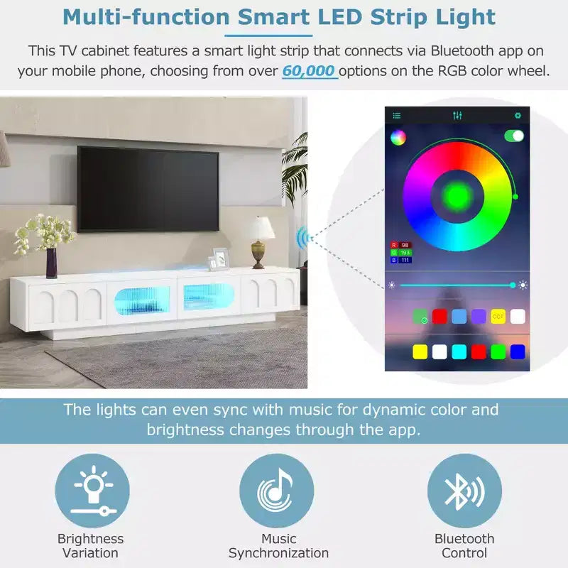 LED TV-Ständer mit Glastüren für 95-Zoll-Fernseher, Medienkonsole aus Holz mit gewölbten Schranktüren und APP-Steuerung für Wohnzimmer
