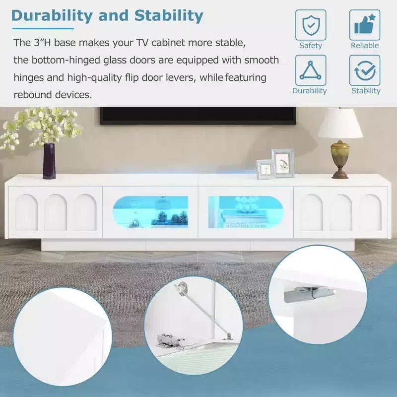 LED TV-Ständer mit Glastüren für 95-Zoll-Fernseher, Medienkonsole aus Holz mit gewölbten Schranktüren und APP-Steuerung für Wohnzimmer