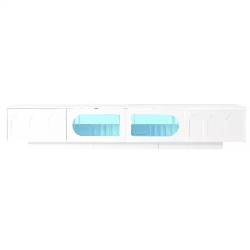 LED TV-Ständer mit Glastüren für 95-Zoll-Fernseher, Medienkonsole aus Holz mit gewölbten Schranktüren und APP-Steuerung für Wohnzimmer