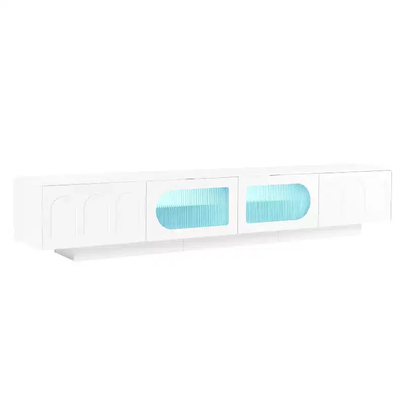 LED TV-Ständer mit Glastüren für 95-Zoll-Fernseher, Medienkonsole aus Holz mit gewölbten Schranktüren und APP-Steuerung für Wohnzimmer