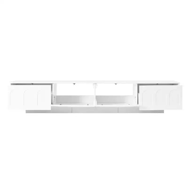 LED TV-Ständer mit Glastüren für 95-Zoll-Fernseher, Medienkonsole aus Holz mit gewölbten Schranktüren und APP-Steuerung für Wohnzimmer