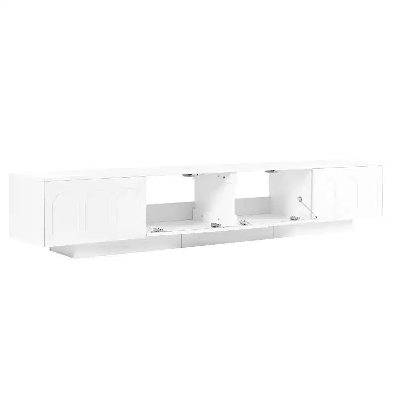 LED TV-Ständer mit Glastüren für 95-Zoll-Fernseher, Medienkonsole aus Holz mit gewölbten Schranktüren und APP-Steuerung für Wohnzimmer