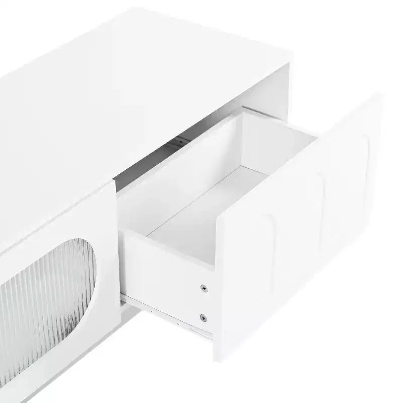 LED TV-Ständer mit Glastüren für 95-Zoll-Fernseher, Medienkonsole aus Holz mit gewölbten Schranktüren und APP-Steuerung für Wohnzimmer