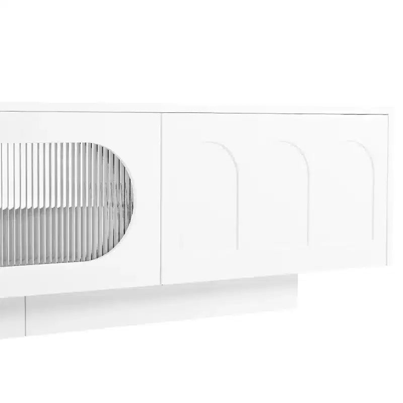 LED TV-Ständer mit Glastüren für 95-Zoll-Fernseher, Medienkonsole aus Holz mit gewölbten Schranktüren und APP-Steuerung für Wohnzimmer