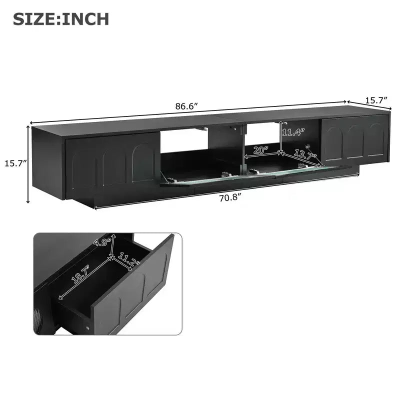 LED TV-Ständer mit Glastüren für 95-Zoll-Fernseher, Medienkonsole aus Holz mit gewölbten Schranktüren und APP-Steuerung für Wohnzimmer