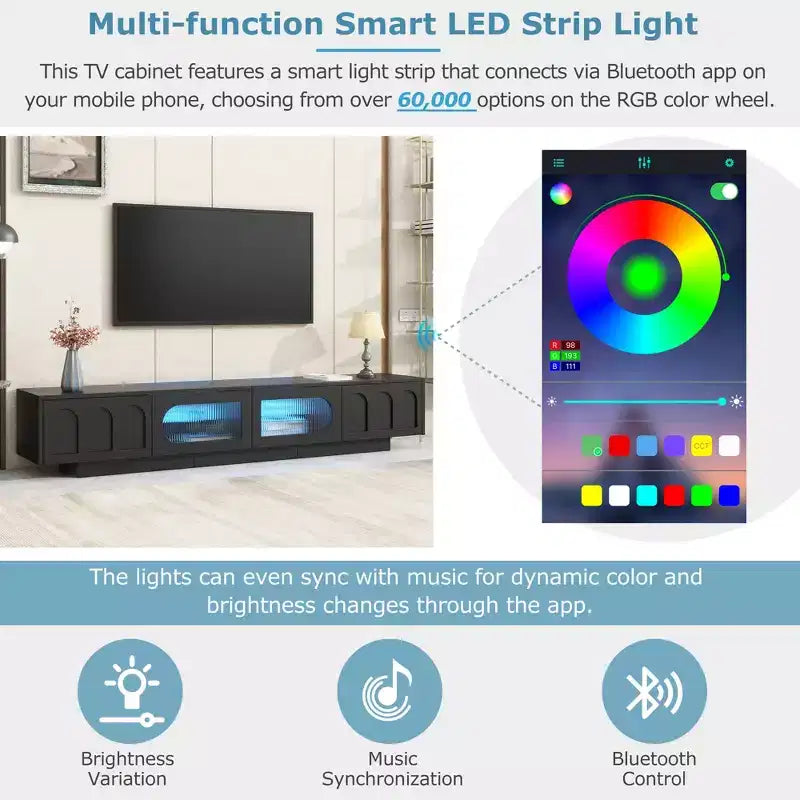 LED TV-Ständer mit Glastüren für 95-Zoll-Fernseher, Medienkonsole aus Holz mit gewölbten Schranktüren und APP-Steuerung für Wohnzimmer