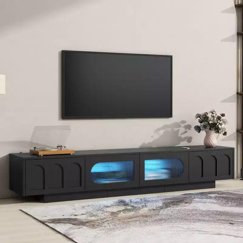 LED TV Stand with Glass Doors for 95 inch TV, Wood Media Console with Arched Cabinet Doors and APP Controlled for Living Room
