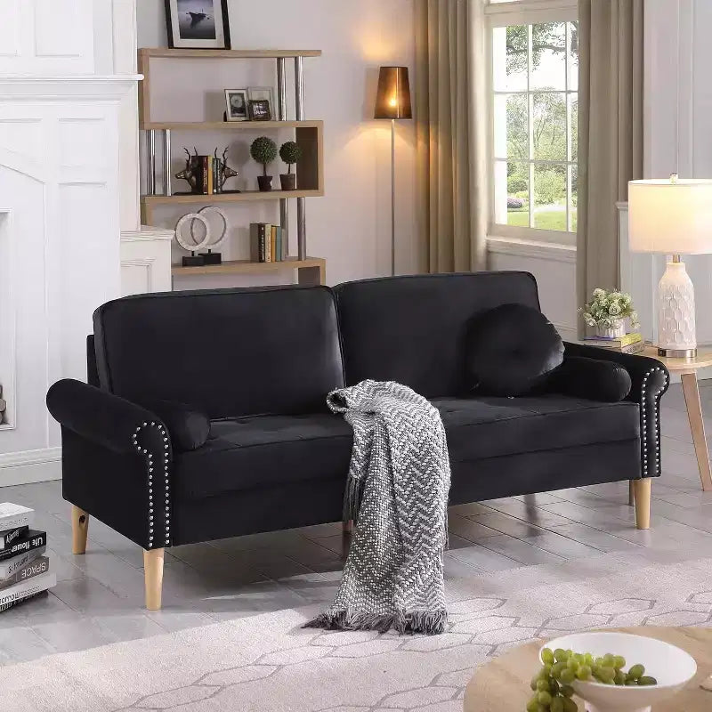 78 Black Velvet Luxurious Seater Sofa, Rubber Wood Legs 2 Round Curved Armrest Tufted Button High Resilience Sponge Cushion Couch Stud Embellishments