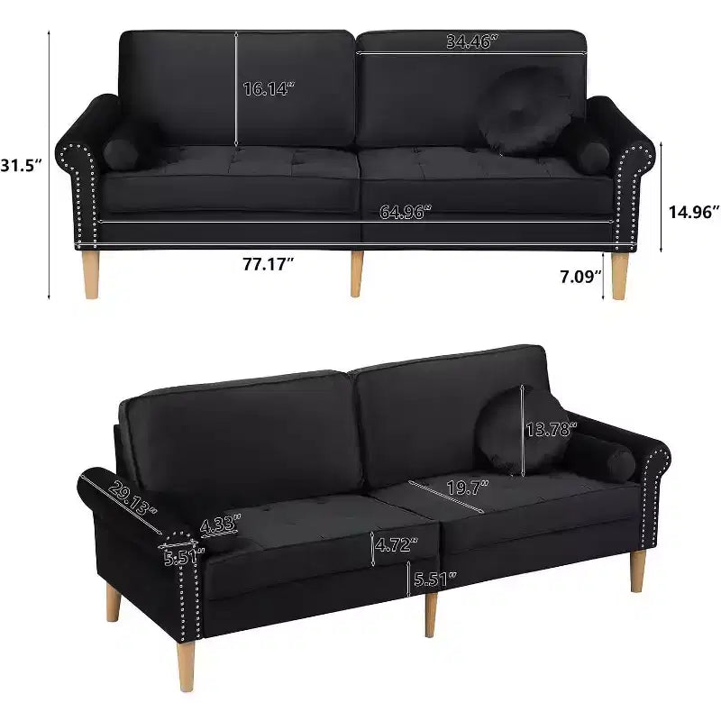 78 Schwarzes Samt Luxuriöses Dreisitzer-Sofa, Kautschukholzbeine, 2 runde geschwungene Armlehnen, getufteter Knopf, hoch widerstandsfähiges Schwammkissen, Couch mit Nietenverzierungen
