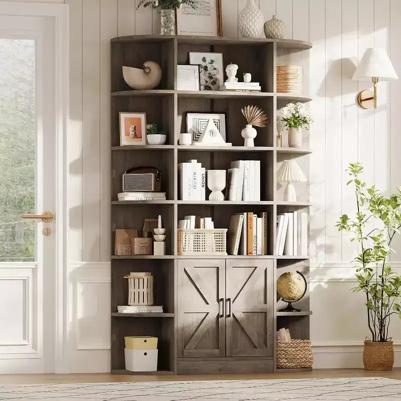 213 cm hohes Bücherregal mit Stauraum, 6-stöckiges, 120 cm breites, modernes Bauernhaus-Standregal mit Vitrine und Organizer für Zuhause