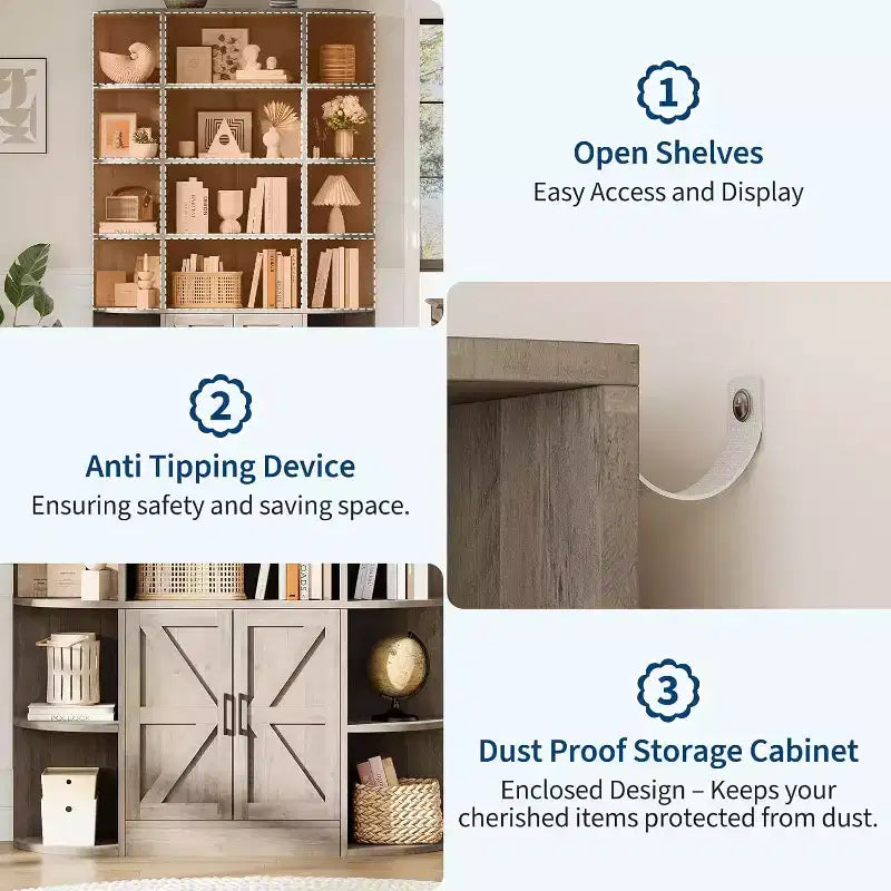 213 cm hohes Bücherregal mit Stauraum, 6-stöckiges, 120 cm breites, modernes Bauernhaus-Standregal mit Vitrine und Organizer für Zuhause
