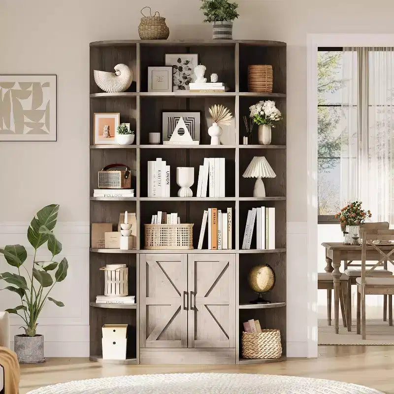 213 cm hohes Bücherregal mit Stauraum, 6-stöckiges, 120 cm breites, modernes Bauernhaus-Standregal mit Vitrine und Organizer für Zuhause