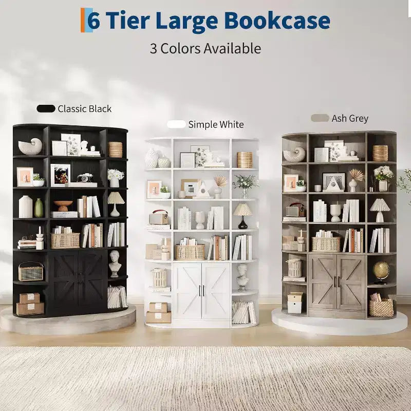 213 cm hohes Bücherregal mit Stauraum, 6-stöckiges, 120 cm breites, modernes Bauernhaus-Standregal mit Vitrine und Organizer für Zuhause