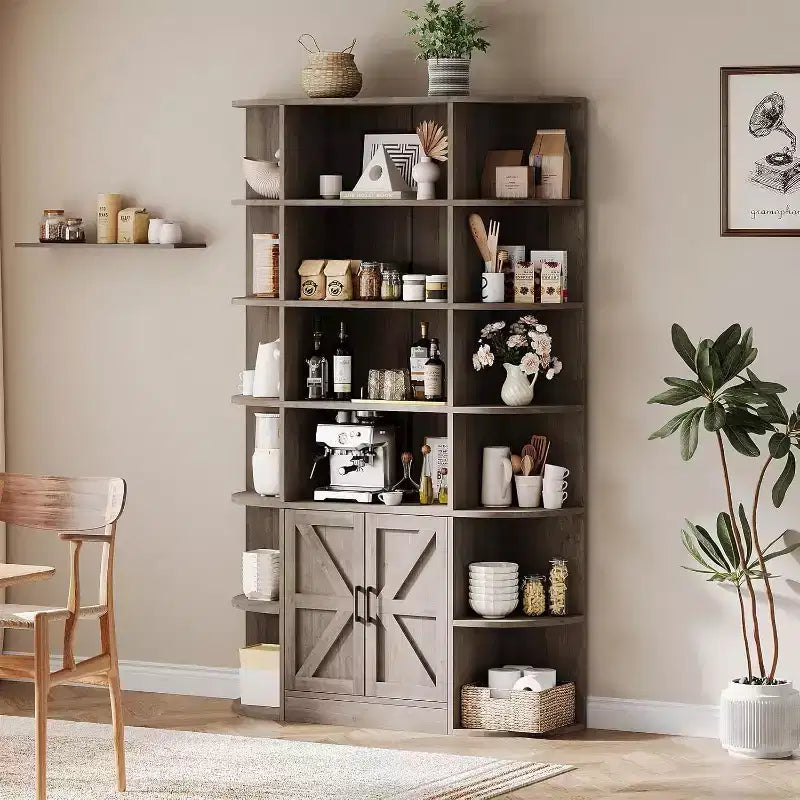 213 cm hohes Bücherregal mit Stauraum, 6-stöckiges, 120 cm breites, modernes Bauernhaus-Standregal mit Vitrine und Organizer für Zuhause