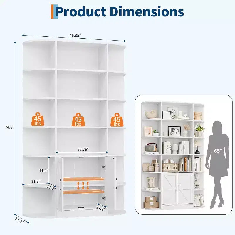 213 cm hohes Bücherregal mit Stauraum, 6-stöckiges, 120 cm breites, modernes Bauernhaus-Standregal mit Vitrine und Organizer für Zuhause