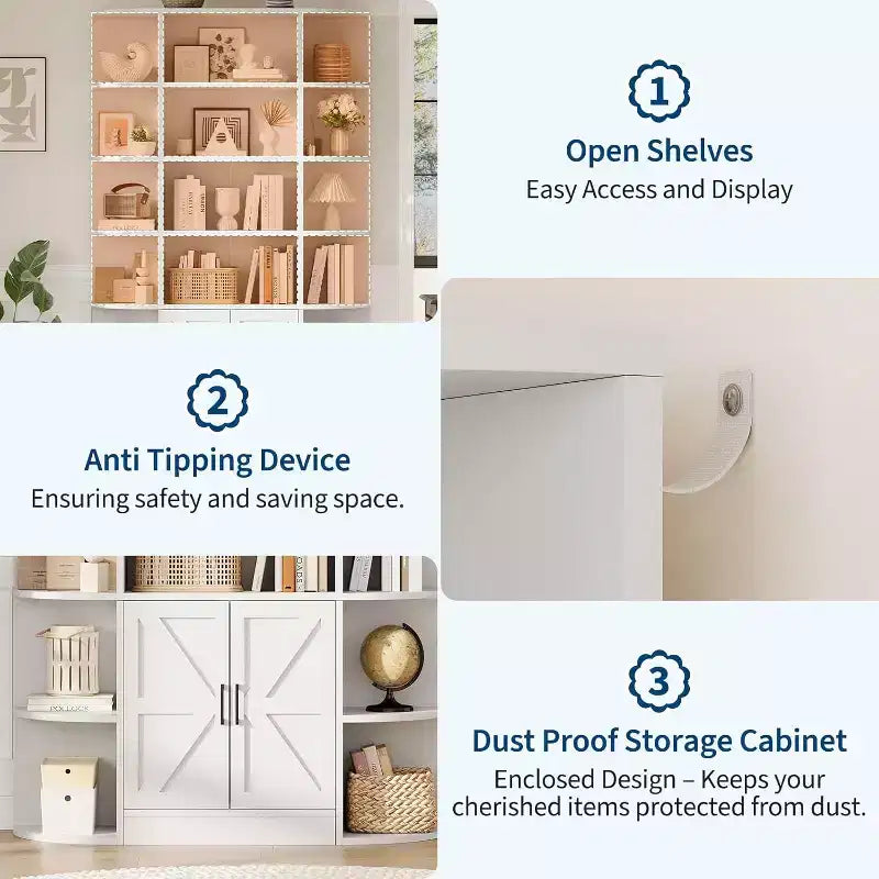 213 cm hohes Bücherregal mit Stauraum, 6-stöckiges, 120 cm breites, modernes Bauernhaus-Standregal mit Vitrine und Organizer für Zuhause