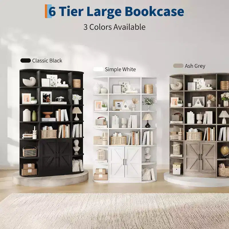 213 cm hohes Bücherregal mit Stauraum, 6-stöckiges, 120 cm breites, modernes Bauernhaus-Standregal mit Vitrine und Organizer für Zuhause