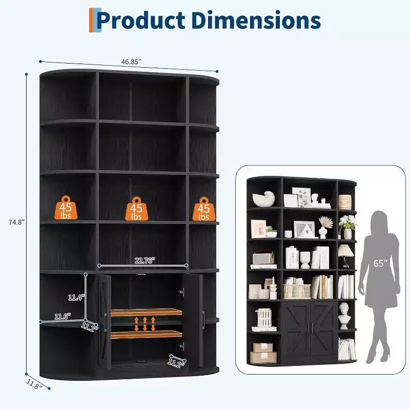 213 cm hohes Bücherregal mit Stauraum, 6-stöckiges, 120 cm breites, modernes Bauernhaus-Standregal mit Vitrine und Organizer für Zuhause