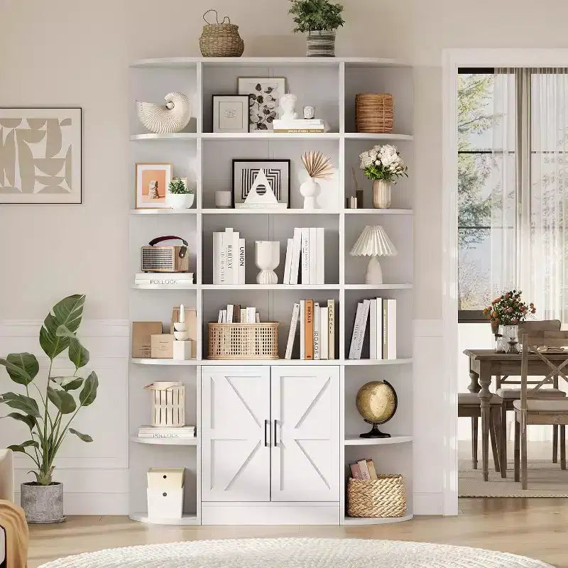 213 cm hohes Bücherregal mit Stauraum, 6-stöckiges, 120 cm breites, modernes Bauernhaus-Standregal mit Vitrine und Organizer für Zuhause