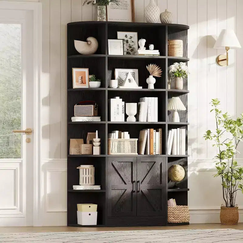 213 cm hohes Bücherregal mit Stauraum, 6-stöckiges, 120 cm breites, modernes Bauernhaus-Standregal mit Vitrine und Organizer für Zuhause