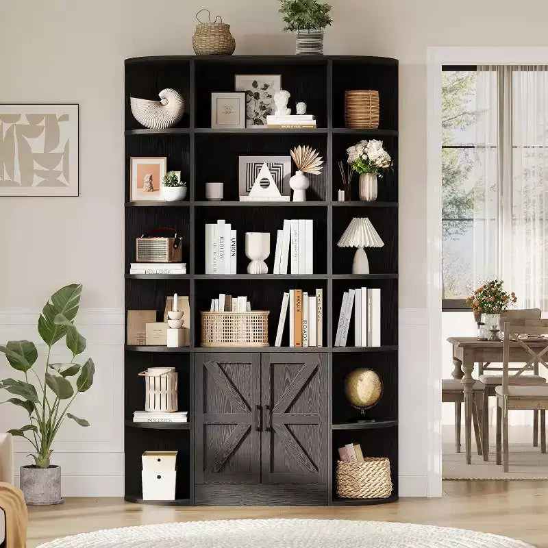 213 cm hohes Bücherregal mit Stauraum, 6-stöckiges, 120 cm breites, modernes Bauernhaus-Standregal mit Vitrine und Organizer für Zuhause