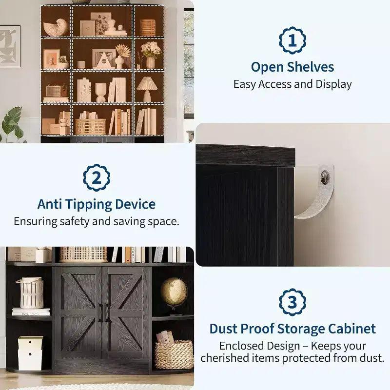 213 cm hohes Bücherregal mit Stauraum, 6-stöckiges, 120 cm breites, modernes Bauernhaus-Standregal mit Vitrine und Organizer für Zuhause