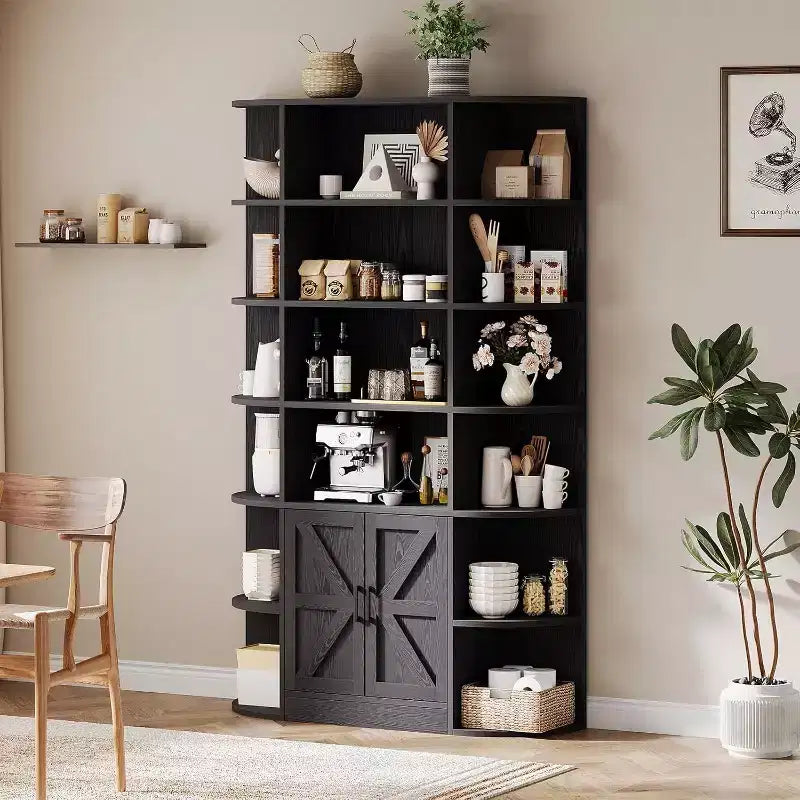 213 cm hohes Bücherregal mit Stauraum, 6-stöckiges, 120 cm breites, modernes Bauernhaus-Standregal mit Vitrine und Organizer für Zuhause