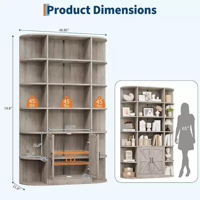 213 cm hohes Bücherregal mit Stauraum, 6-stöckiges, 120 cm breites, modernes Bauernhaus-Standregal mit Vitrine und Organizer für Zuhause