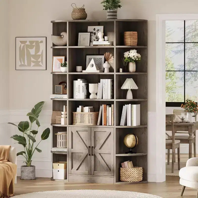 213 cm hohes Bücherregal mit Stauraum, 6-stöckiges, 120 cm breites, modernes Bauernhaus-Standregal mit Vitrine und Organizer für Zuhause