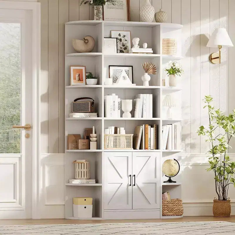213 cm hohes Bücherregal mit Stauraum, 6-stöckiges, 120 cm breites, modernes Bauernhaus-Standregal mit Vitrine und Organizer für Zuhause