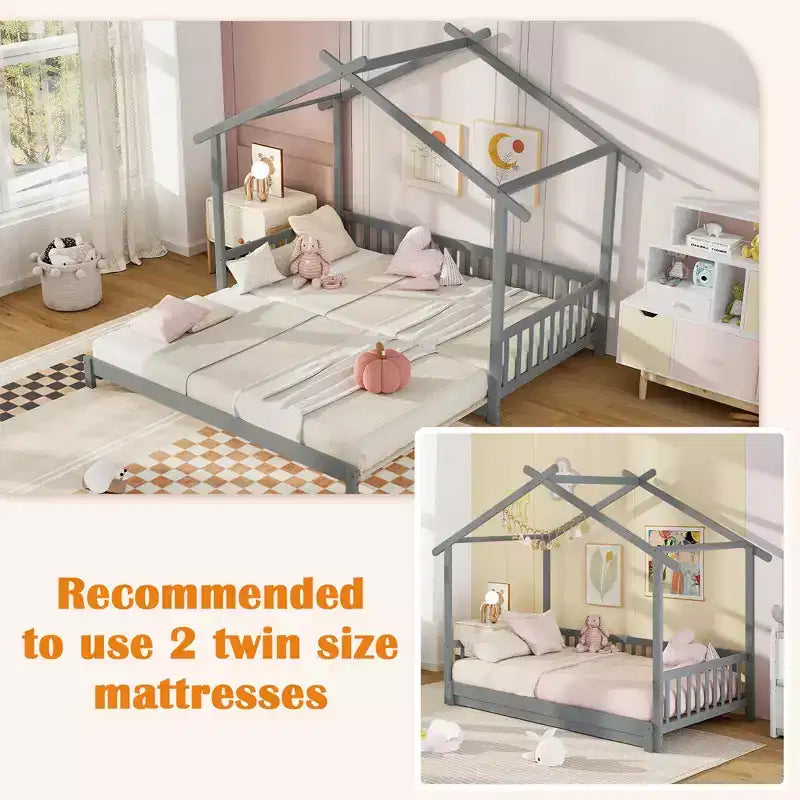Costway Holzbett Hausbett vom Einzel- zum Kingsize-Tagesbett mit Sicherheitsgeländern und dekorierbarem Dach