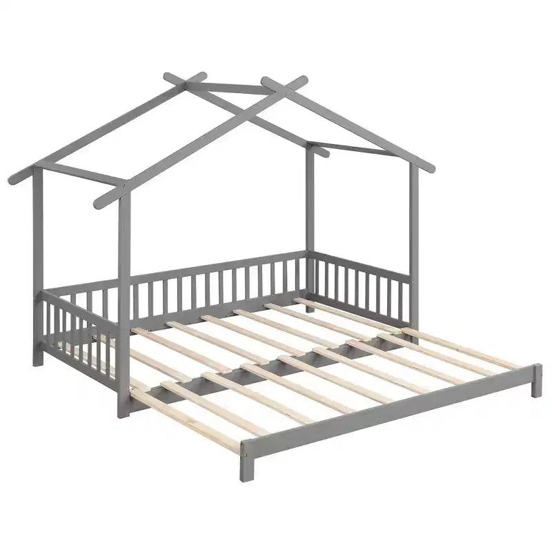 Costway Wooden House Bed Twin to King Daybed w/ Safety Rails & Decorable Roof