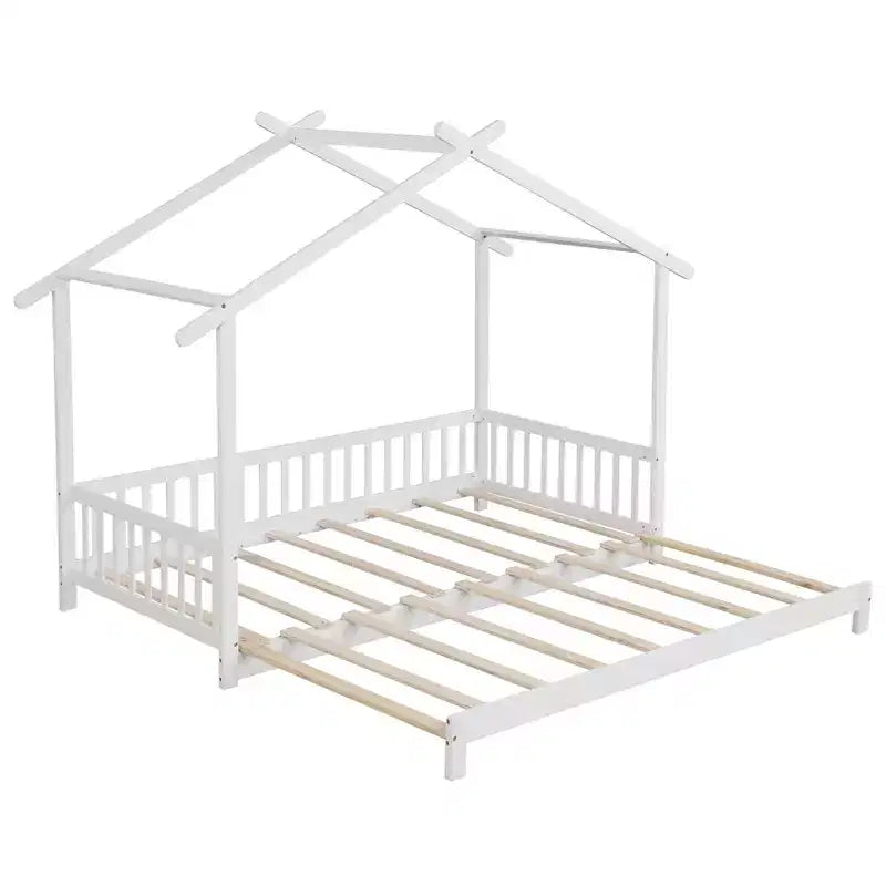 Costway Holzbett Hausbett vom Einzel- zum Kingsize-Tagesbett mit Sicherheitsgeländern und dekorierbarem Dach