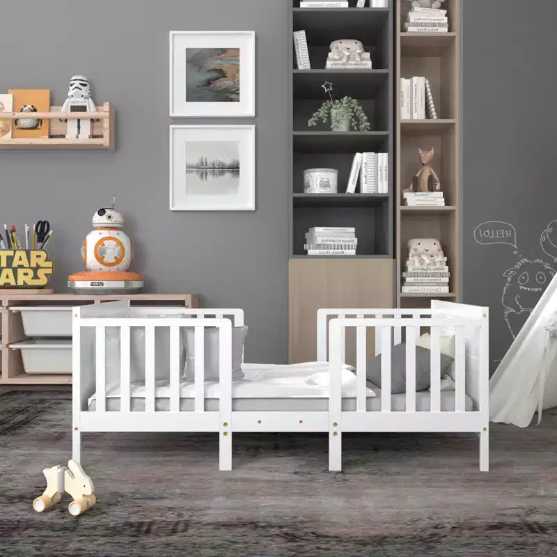 Costway 2-in-1 Umwandelbares Kinderbett Kleinkindbett mit 2 Seitlichen Schutzgittern Weiß/Braun