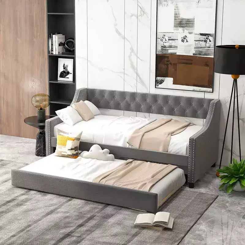 Costway Tagesbett in Twin-Größe mit Rollbett, Ohrenbacken-Armlehnen & geknöpfter Rückenlehne