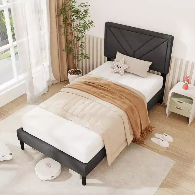 Costway Bettrahmen, Einzel-/Doppel-/Queensize-Bett mit getuftetem Kopfteil & Holzlattenrost, einfache Montage