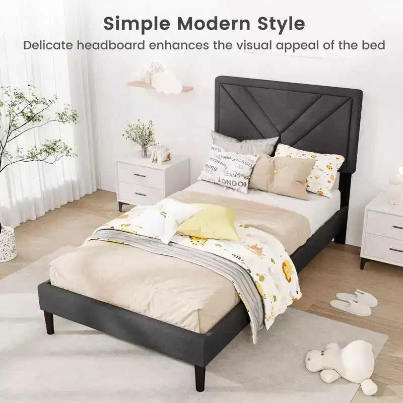 Costway Bettrahmen, Einzel-/Doppel-/Queensize-Bett mit getuftetem Kopfteil & Holzlattenrost, einfache Montage
