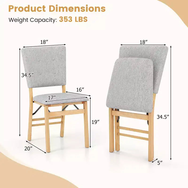 Costway Klappbarer Esszimmerstuhl 2er-Set mit gepolstertem Sitz & neigbarer Rückenlehne aus Gummibaumholz
