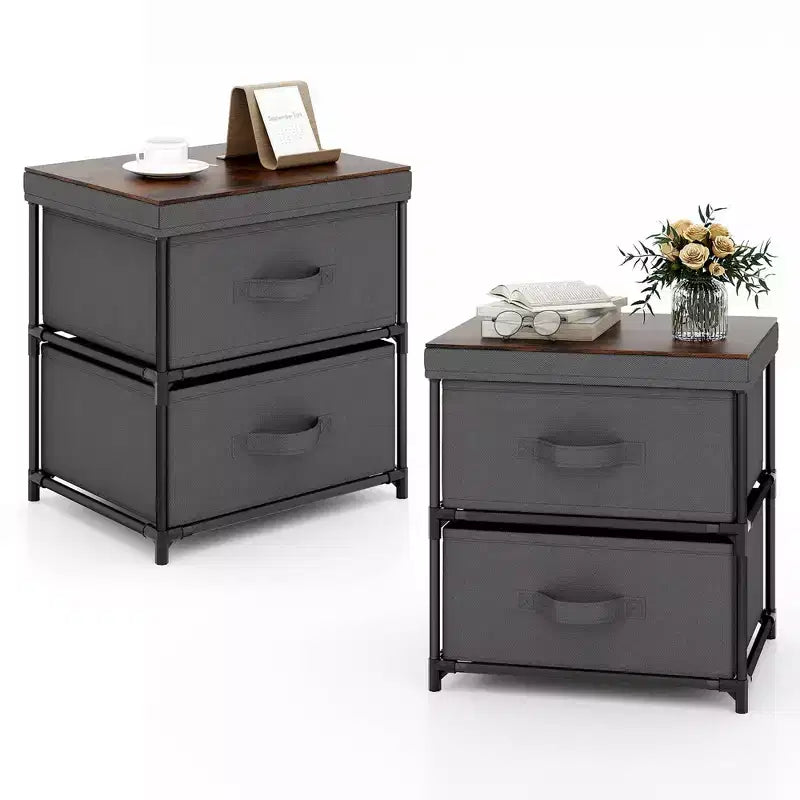 Costway 2PCS 2 Drawer Dresser Fabric Storage Organizer Nightstand Bedside Sofa Table