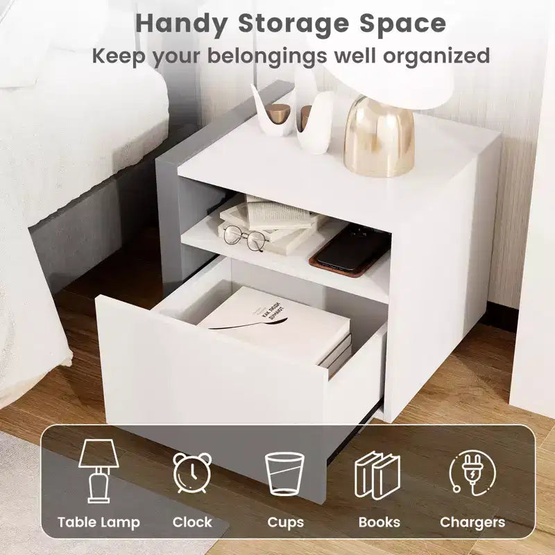 Costway Moderner minimalistischer Nachttisch mit Schublade, asymmetrischer Beistelltisch für das Bett