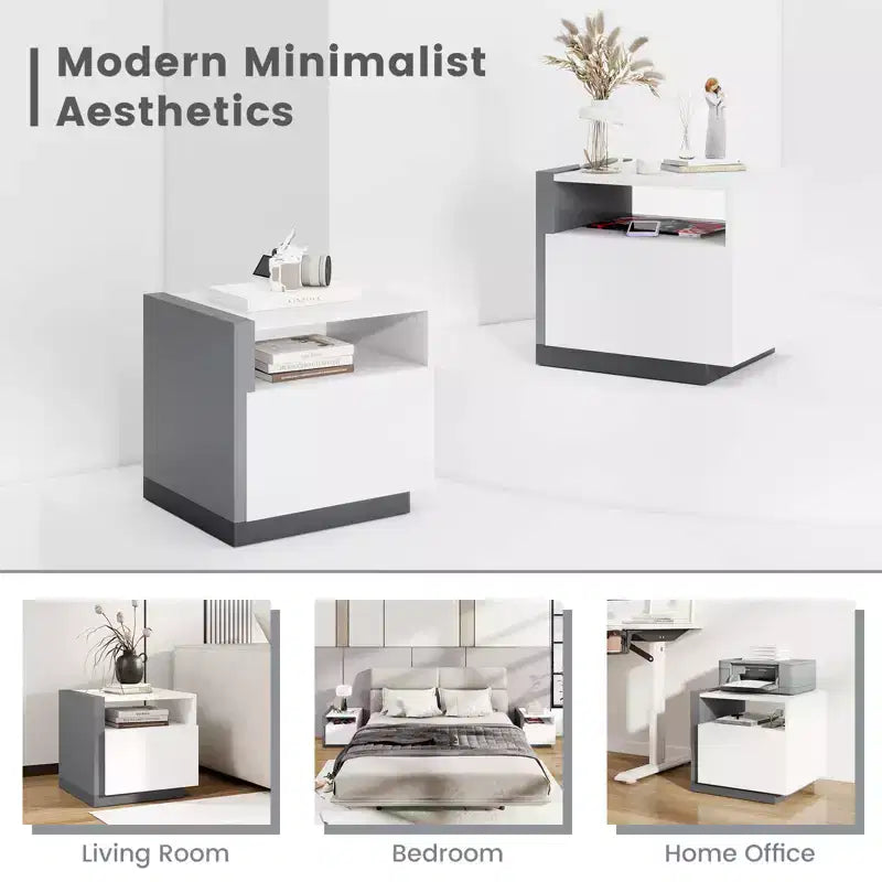 Costway Moderner minimalistischer Nachttisch mit Schublade, asymmetrischer Beistelltisch für das Bett