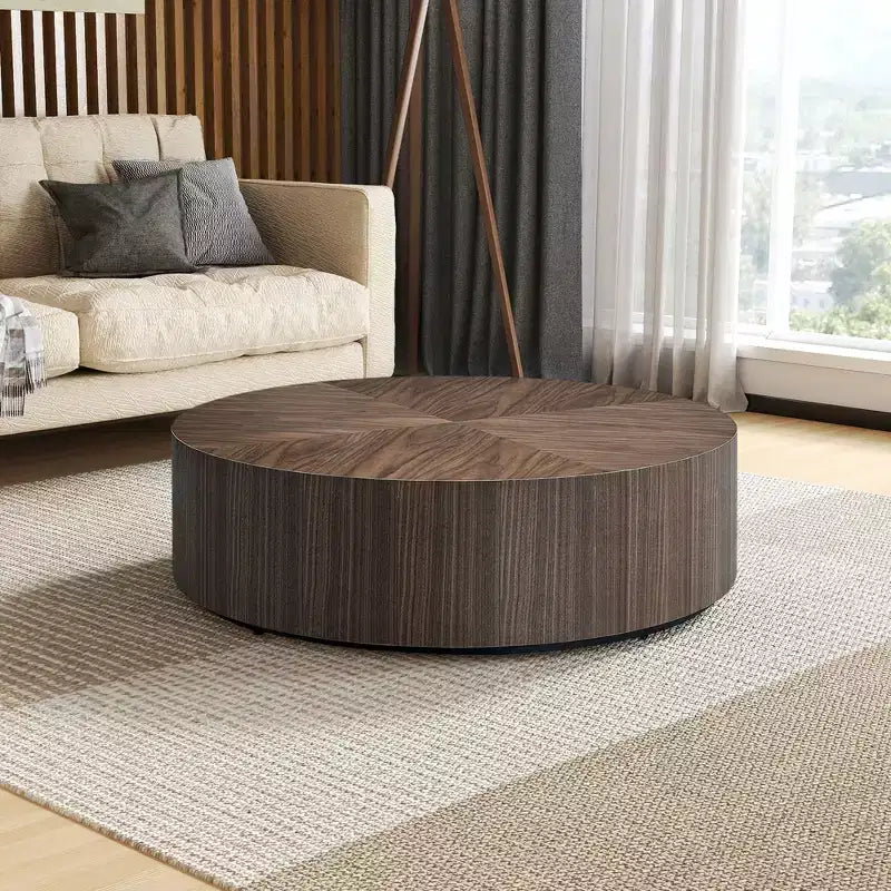 MAYEERTY 35 Inch Modern Round Coffee Table, Wood Veneer MDF Center Table for Living Room Small Space, No Assembly Required, Walnut