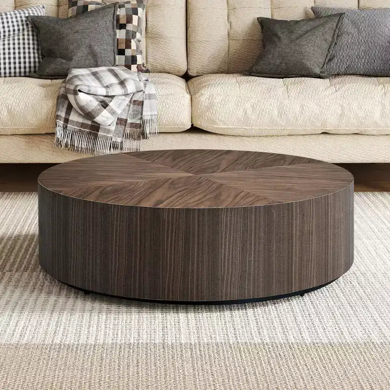 MAYEERTY 35 Zoll Moderner runder Couchtisch, MDF-Tisch mit Holzfurnier für kleine Wohnzimmer, keine Montage erforderlich, Nussbaum
