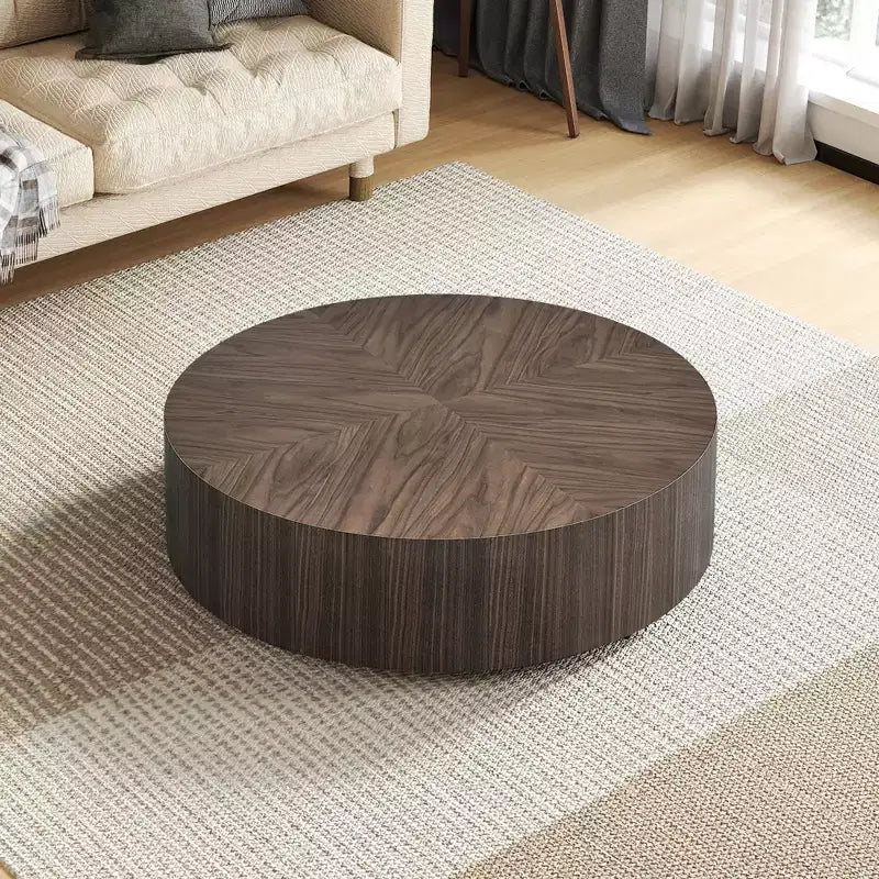 MAYEERTY 35 Zoll Moderner runder Couchtisch, MDF-Tisch mit Holzfurnier für kleine Wohnzimmer, keine Montage erforderlich, Nussbaum