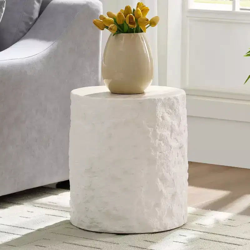 MAYEERTY 15.8 Inch Modern Imitation Stone Round Coffee Table, Fiberglass End Table for Living Room Bedroom, No Assembly Required