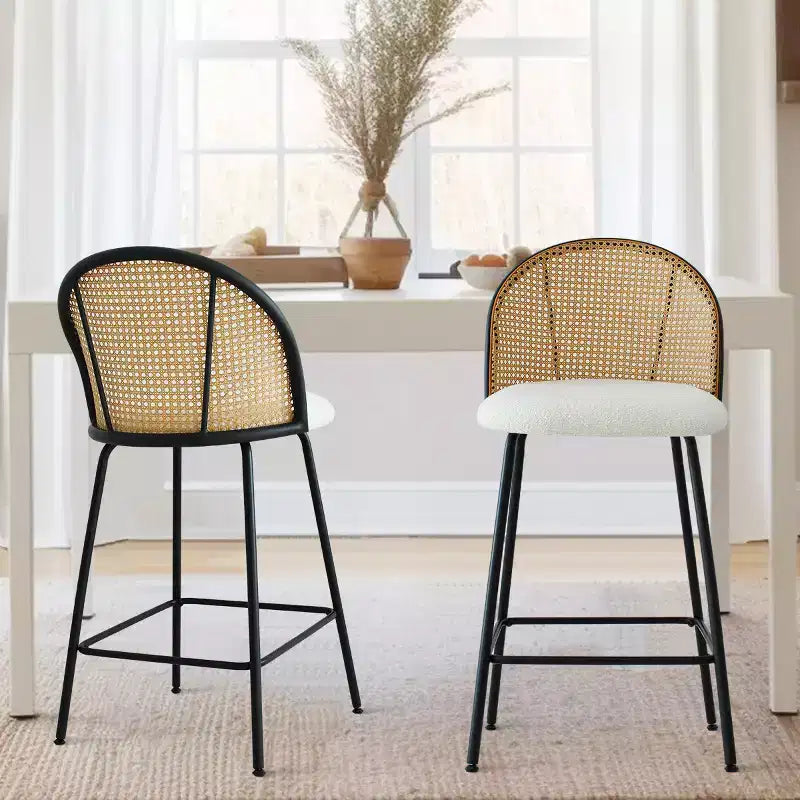 Set of 2 Modern Rattan Back Counter Stools, Armless Boucl Fabric Seats with Metal Base, Kitchen Island Stools, Breakfast Bar Chairs-Panipeachy