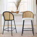 Set of 2 Modern Rattan Back Counter Stools, Armless Boucl Fabric Seats with Metal Base, Kitchen Island Stools, Breakfast Bar Chairs-Panipeachy